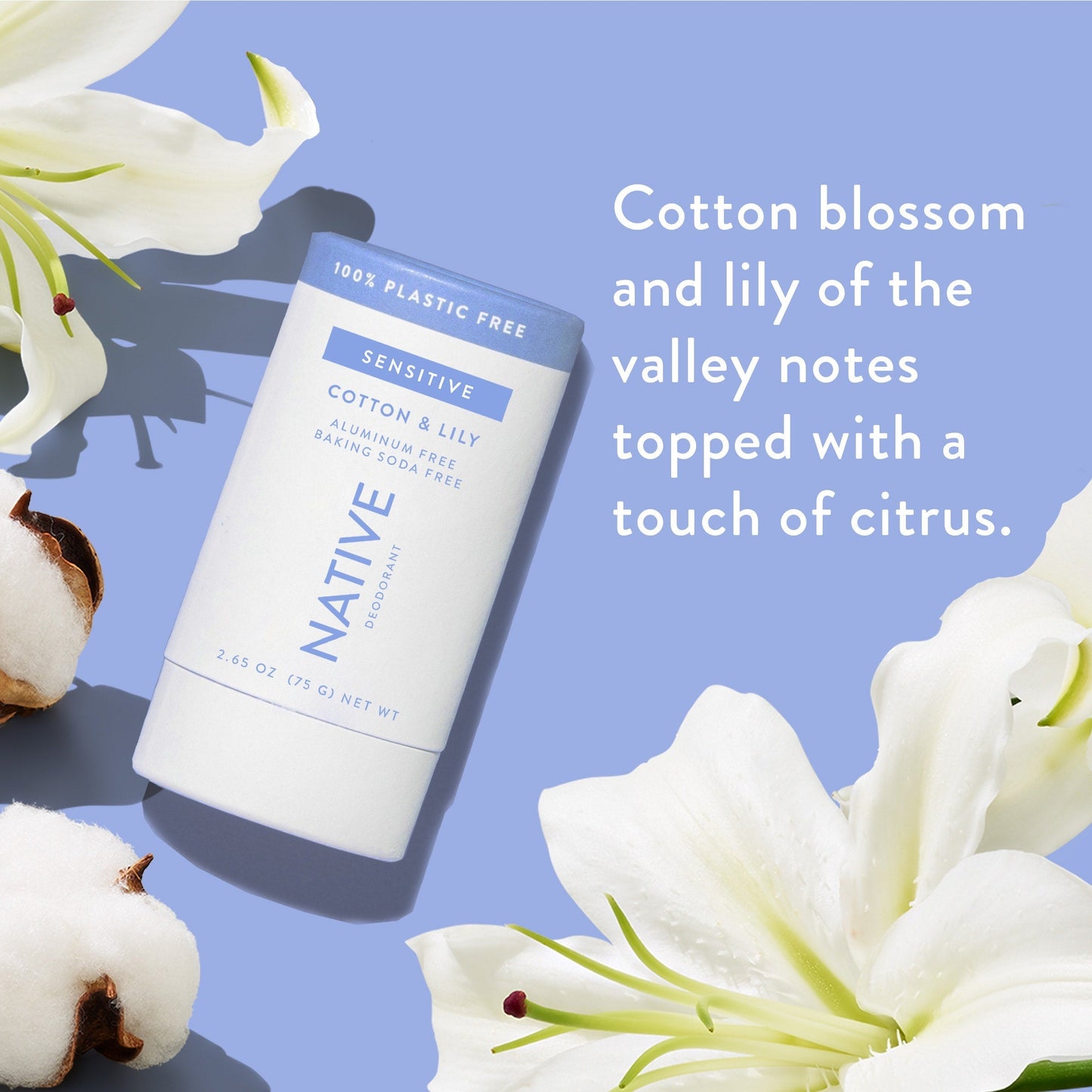 Plastic Free Sensitive Deodorant Stick Cotton and Lily 2.65oz Classic Personal Care